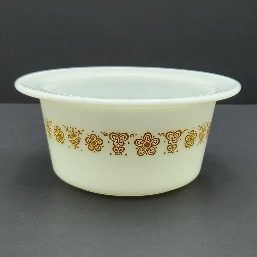 Pyrex Butterfly Gold Butter Tub Corning White Bowl with Gold Flowers